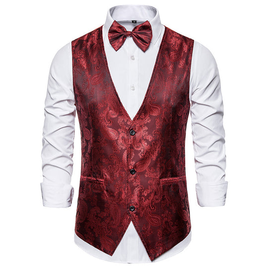 Herren nan taillierte Satinweste mit ornamentalem Jacquardmuster, V-Ausschnitt und drei Knöpfen EB