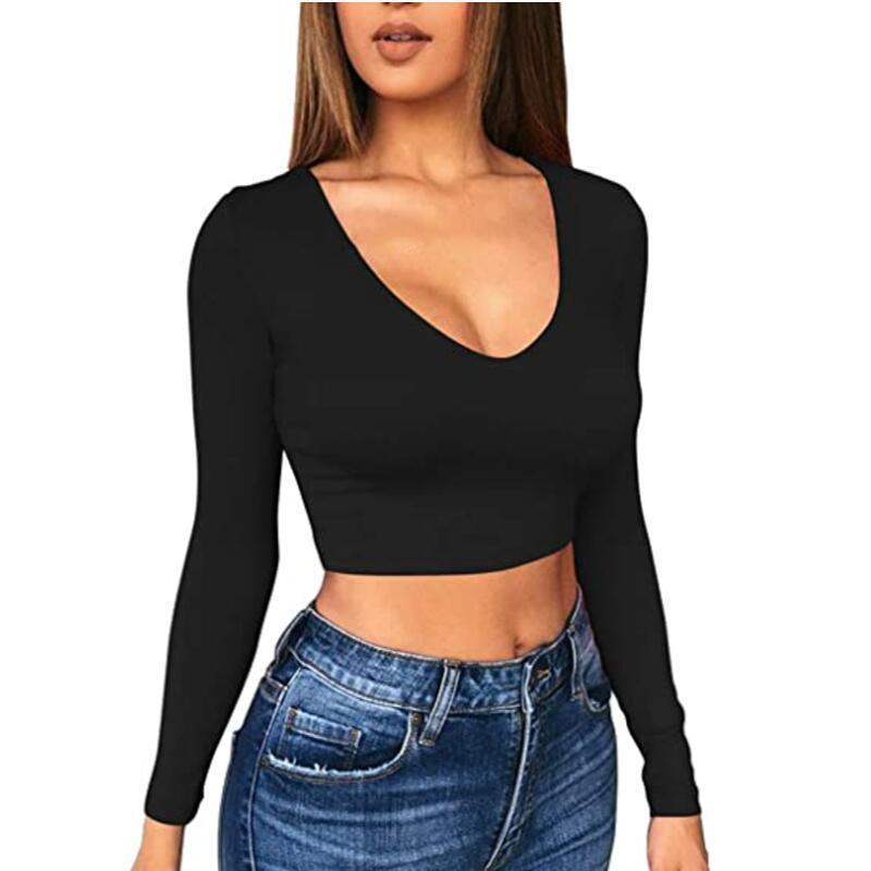Damen modisches Crop-Top mit tiefem V-Ausschnitt und langen Ärmeln EB