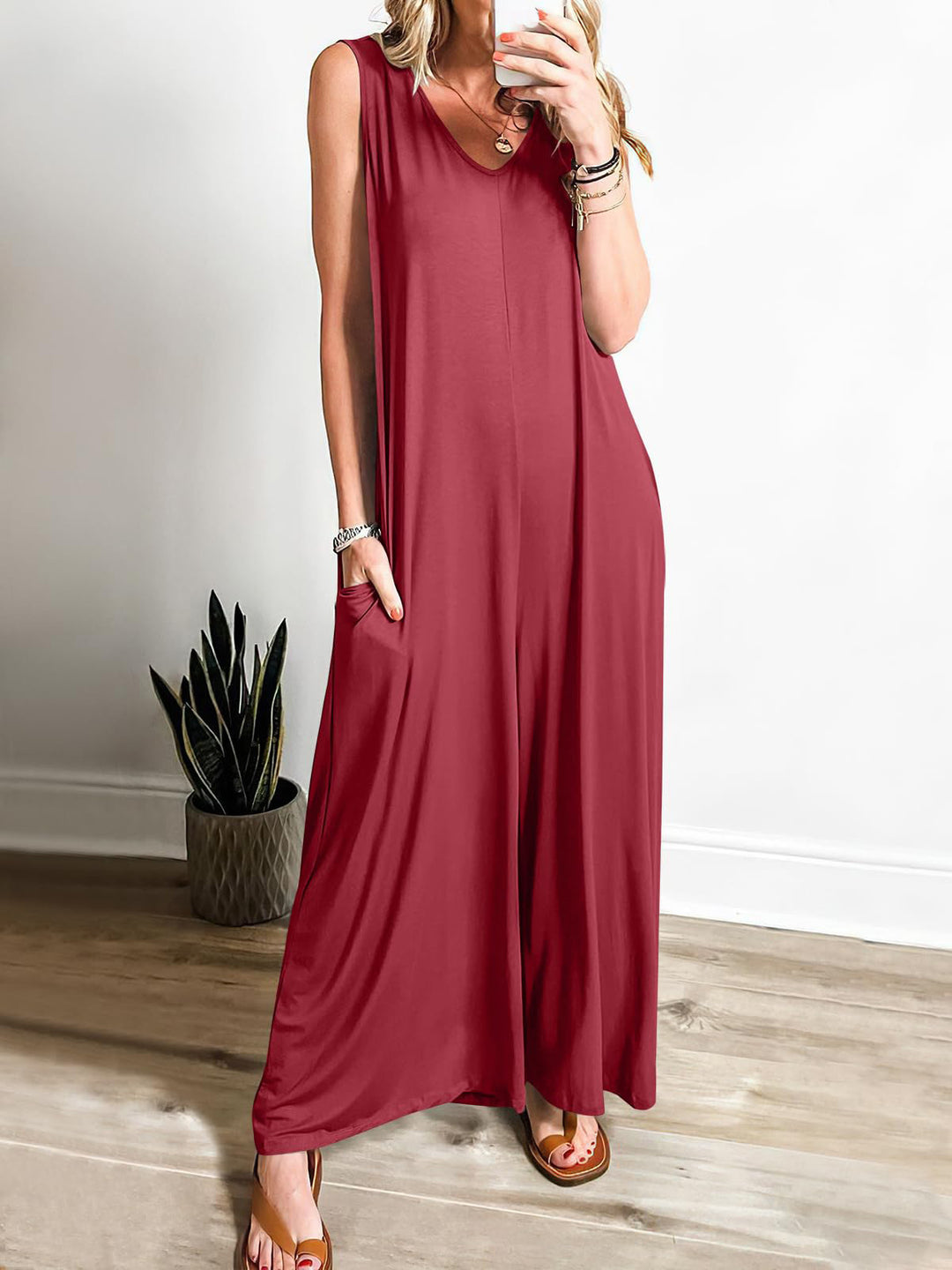 Damen weit geschnittene Jumpsuit mit V-Ausschnitt EB