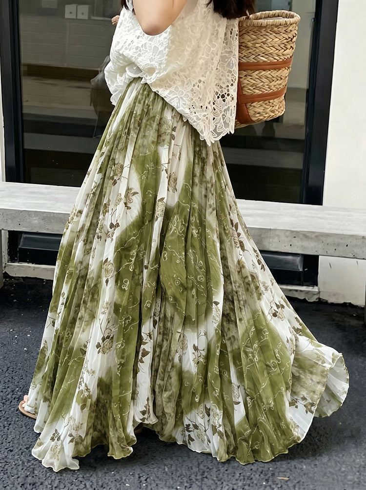 Damen  fein gefalteter Midirock mit Vintage Blumenprint und elastischem Taillenbund EB