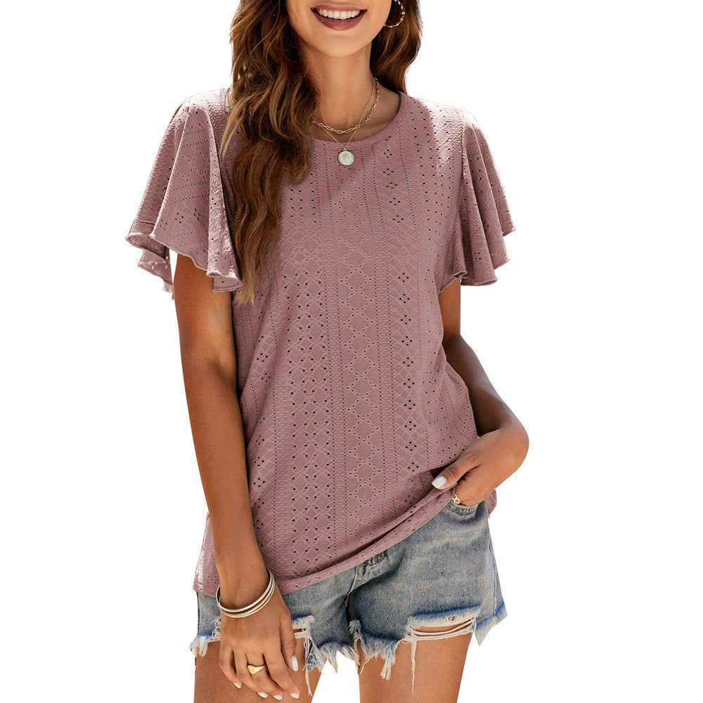 Damen T-Shirt mit eleganten Volantärmeln und durchbrochenem Design EB