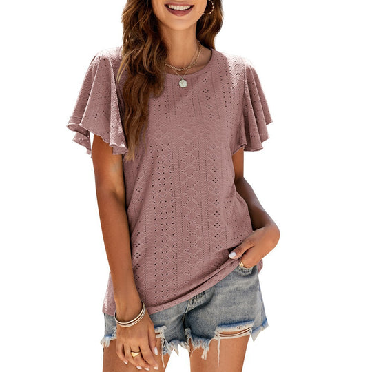 Damen T-Shirt mit eleganten Volantärmeln und durchbrochenem Design EB
