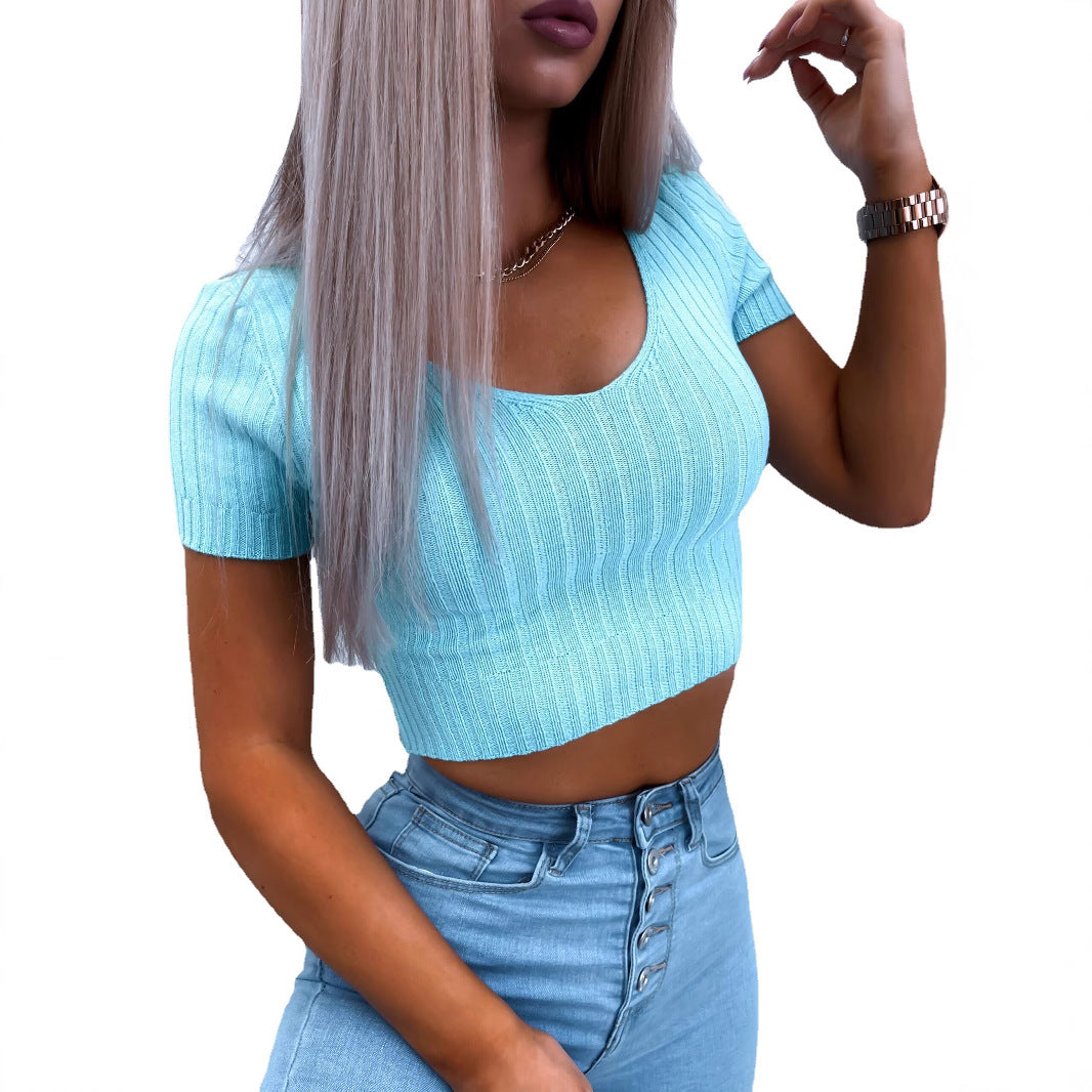 Damen kurzärmliges Crop-Top mit feiner Rippstruktur EB