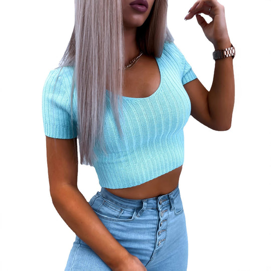Damen kurzärmliges Crop-Top mit feiner Rippstruktur EB