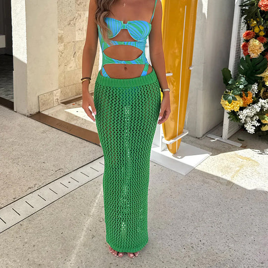 Damen Häkel-Strandrock mit transparentem Netzdesign und hohem elastischen Bund EB