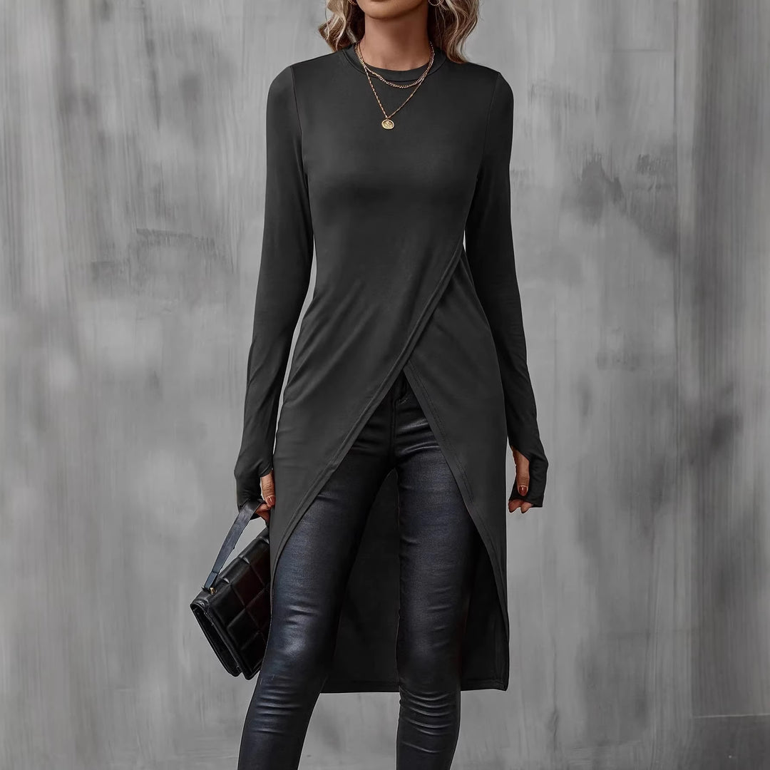 Damen Langes asymmetrisches Wickel-Tunika-Top mit Frontschlitz EB