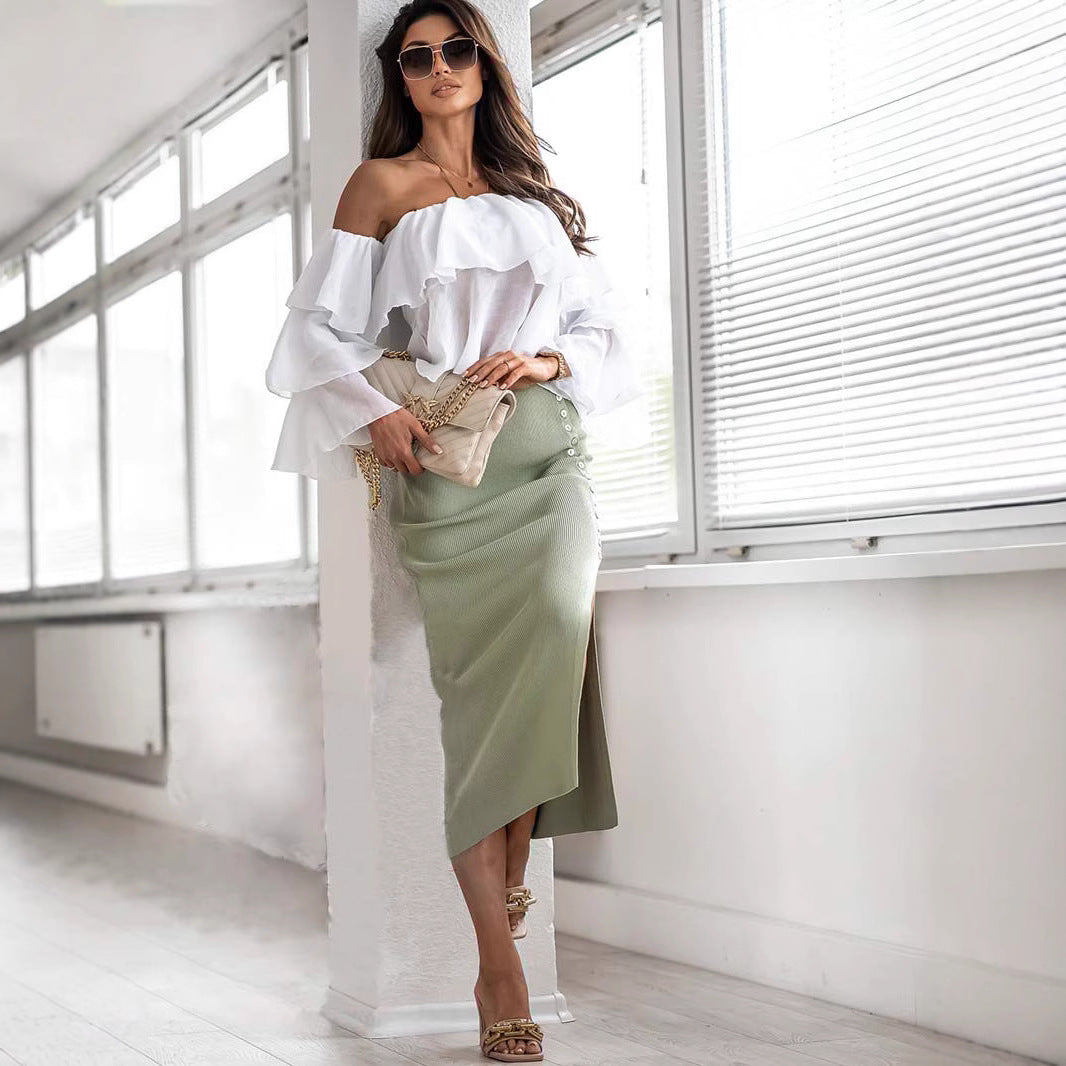 Damen Figurbetonter Strickrock mit Knopfdetail und Schlitz EB