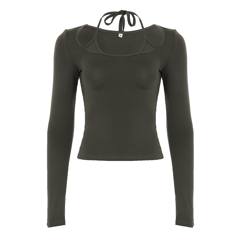 Damen nan figurbetontes Langarm-Top mit Neckholder-Bindung und eckigem Ausschnitt EB