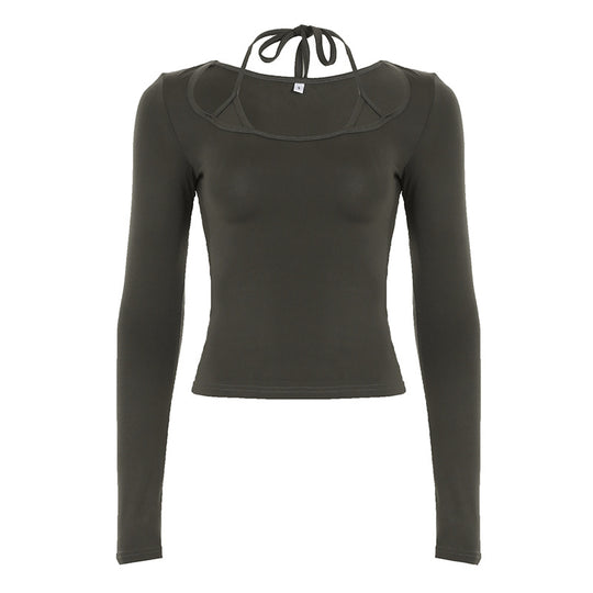 Damen nan figurbetontes Langarm-Top mit Neckholder-Bindung und eckigem Ausschnitt EB