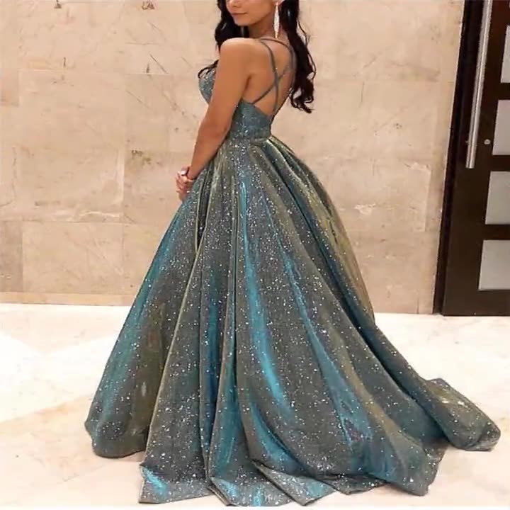 EB | Damen Spaghettiträger V-Ausschnitt A-Linie Glitzer Maxikleid
