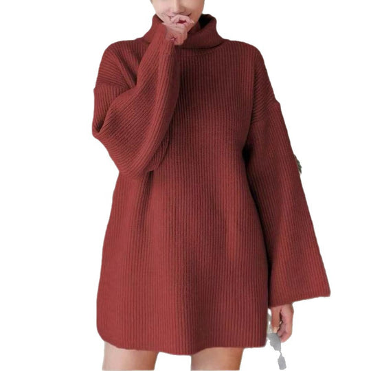 Damen Langer Strickpullover mit hohem Kragen und weit ausgestellten Ärmeln EB
