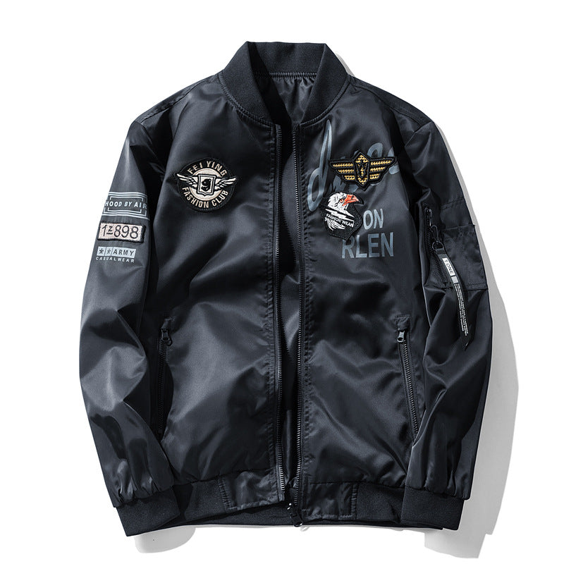 Men's  satin aviator patch bomber jacket with embroidered badges zip sleeve pocket and ribbed trims EB
