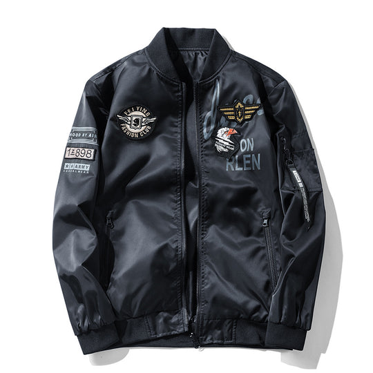 Men's  satin flight-style bomber jacket with embroidered patches and zip utility sleeve pocket EB