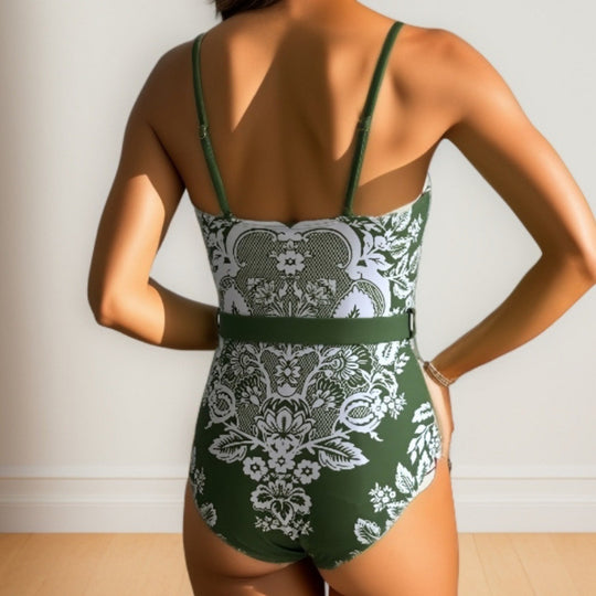 Damen modischer Einteiler Badeanzug mit elegantem Wickelrock und floralem Muster EB