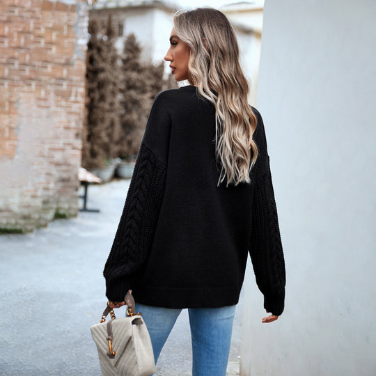 Damen nan Oversize-Feinstrickpullover mit Rundhalsausschnitt und Zopfmusterärmeln EB