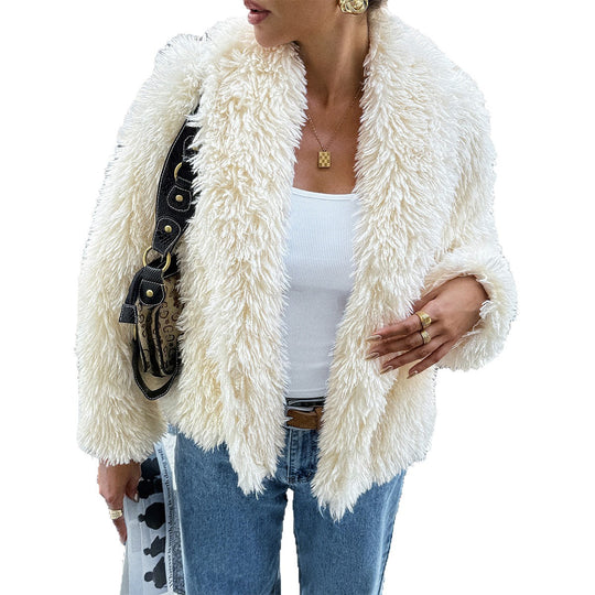 Damen nan flauschiger Teddy-Mantel mit Oversize-Schalkragen, kurzer Länge und geradem Schnitt EB