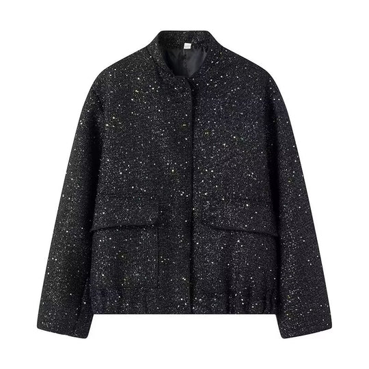 Damen nan strukturierte Boucléjacke mit Stehkragen, aufgesetzten Taschen und elastischem Saum EB