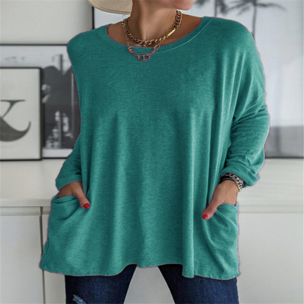 Damen nan oversized Longsleeve-Tunika mit Rundhalsausschnitt, überschnittener Schulter und aufgesetzten Taschen EB