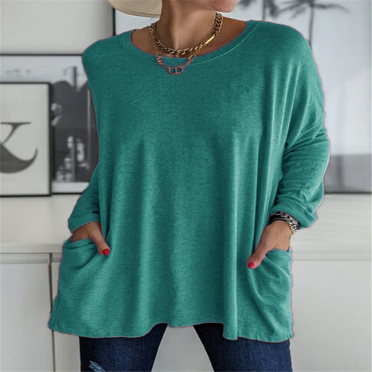 Damen nan oversized Longsleeve-Tunika mit Rundhalsausschnitt, überschnittener Schulter und aufgesetzten Taschen EB