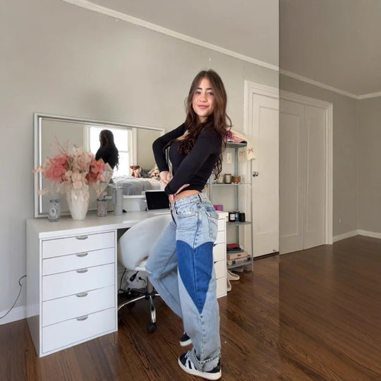 Damen Weit geschnittene Jeans mit modischen Ellbogen-Patch-Details EB
