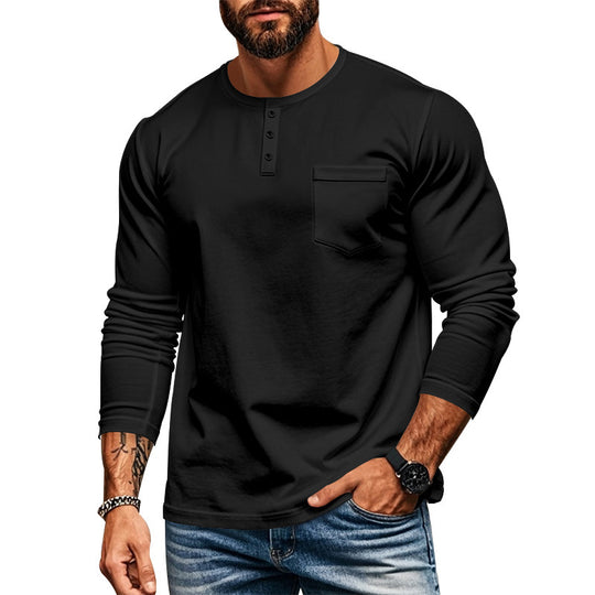 Herren langärmliges Henley-Shirt mit strukturierter Baumwolloberfläche und Brusttasche EB