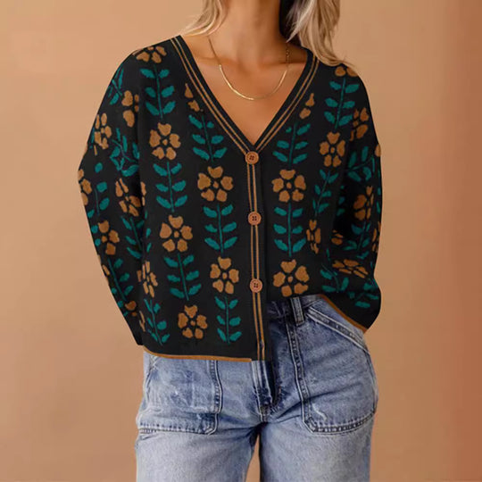 Damen Strickjacke mit floralem Design und Knopfdetails EB