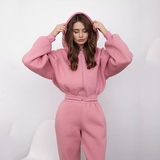 Damen Cropped‑Zip‑Hoodie mit Ballonärmeln und hochgeschnittener Jogginghose mit gerafftem Taillenbund EB