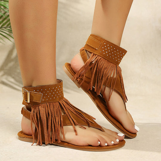 Damen Fransen-Sandalen mit funkelnden Nieten und bequemer Sohle EB
