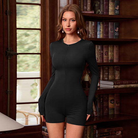 Damen Figurbetonter Langarm-Bodyplaysuit mit Frontreißverschluss und kurzer Shorts-Silhouette EB