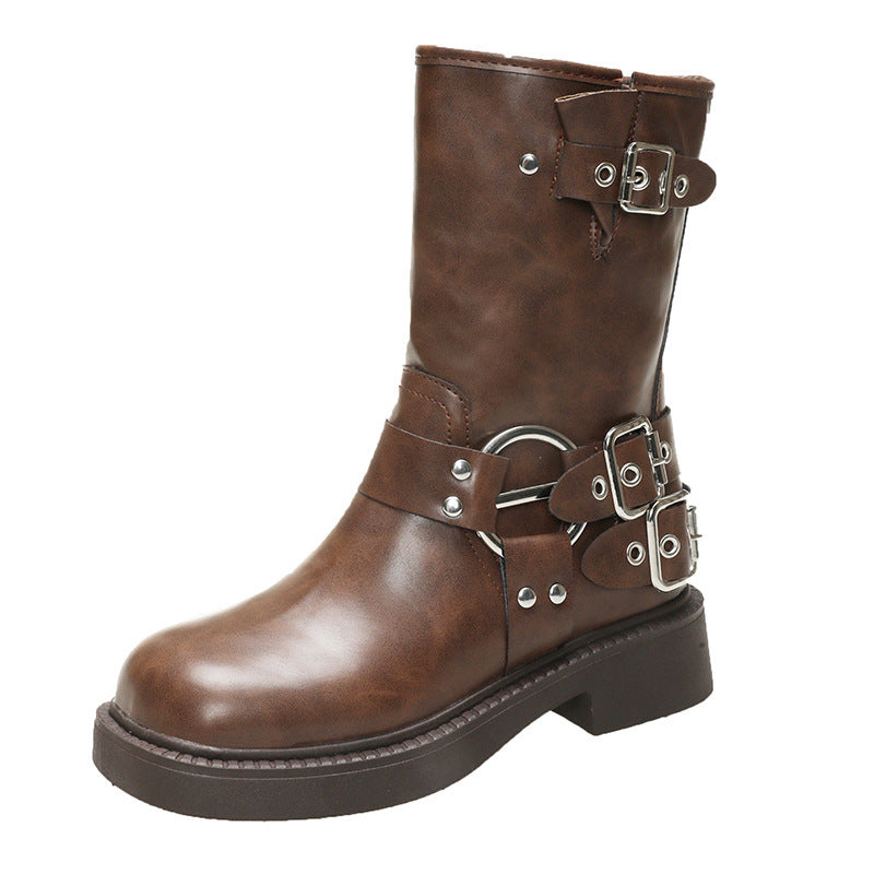 Damen Stiefel mit modischen Schnallen und rutschfester Sohle EB