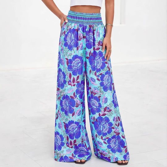 Damen luftige Palazzo-Hose mit floralen Mustern und elastischem Bund EB
