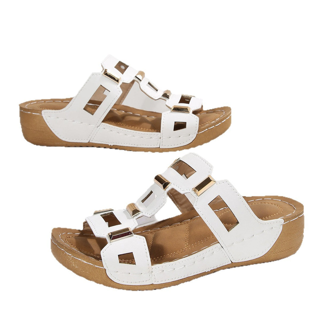 Damen Komfortable Wedge-Sandaletten mit strukturiertem Obermaterial und dekorativem Verschluss EB