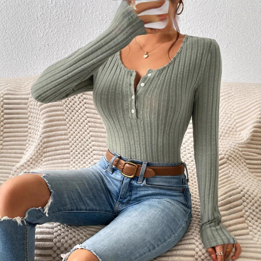 Damen Gerippter Feinstrick-Body mit Henley-Knopfleiste und taillierter Passform EB