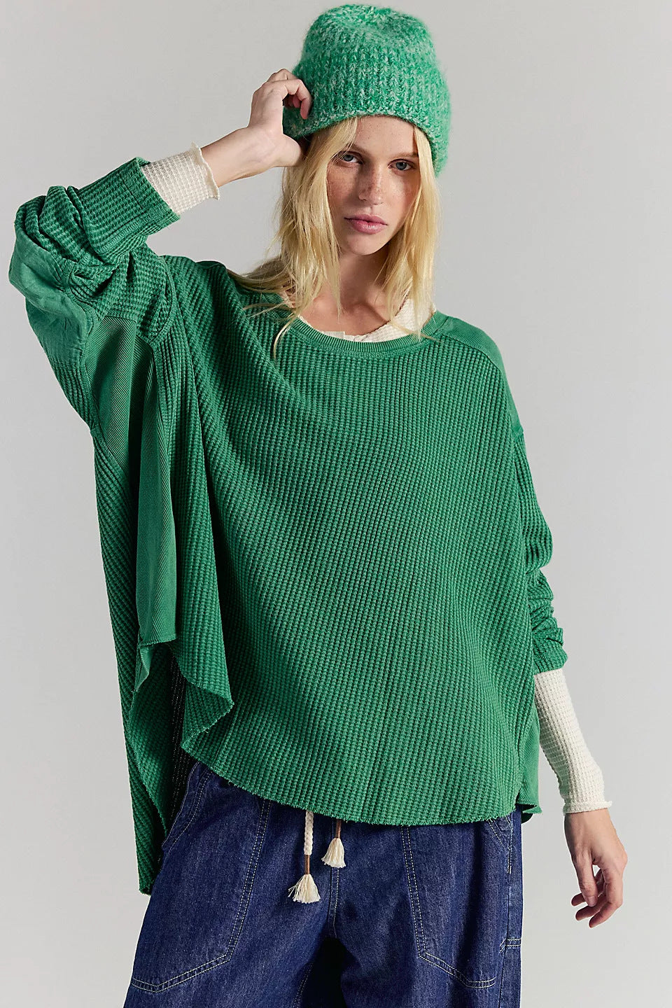 Damen Oversized Waffelstrick-Pullover mit weitem Schnitt und tiefem Raglan EB