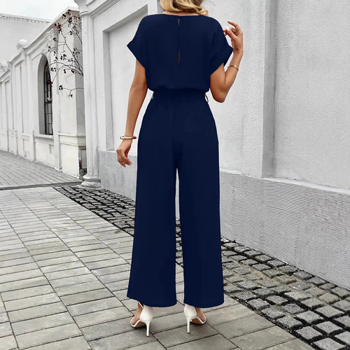 Damen Eleganter Jumpsuit mit weitem Bein und Taillenknoten EB