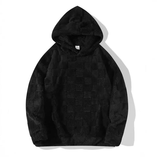 Damen nan Oversize-Plüschhoodie mit Karomuster, Kapuze und weichem Teddyfutter EB