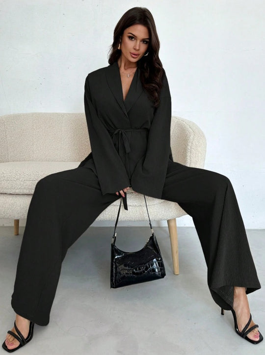 Damen Eleganter Oversized Jumpsuit mit Taillengürtel und breitem Bein EB