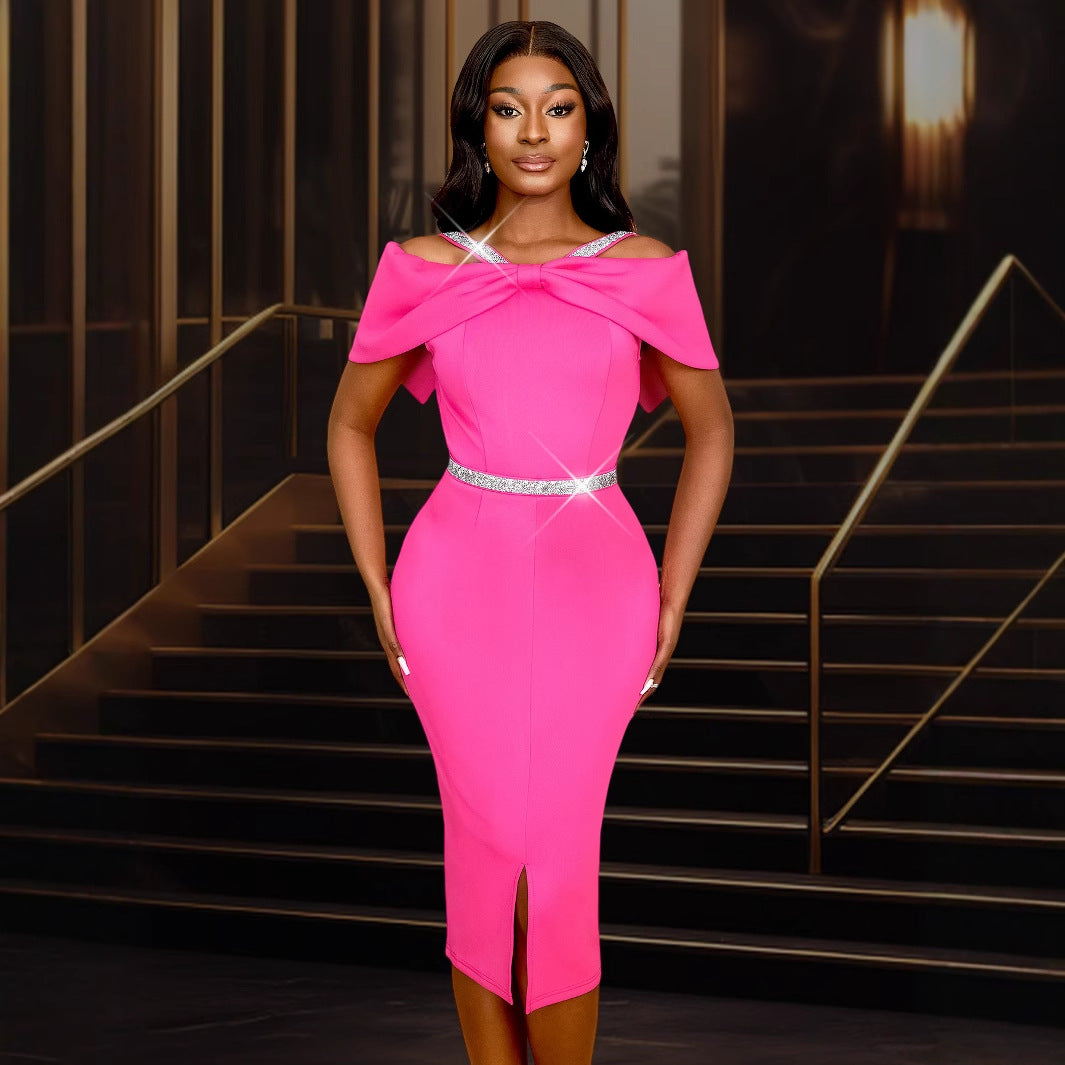 Damen elegantes schulterfreies Midi-Kleid mit funkelndem Taillengürtel EB