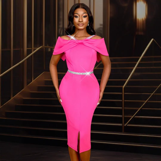 Damen elegantes schulterfreies Midi-Kleid mit funkelndem Taillengürtel EB