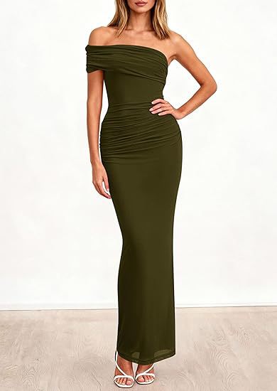 Damen Elegantes Maxi-Kleid mit schulterfreiem Design und raffinierten Drapierungen EB