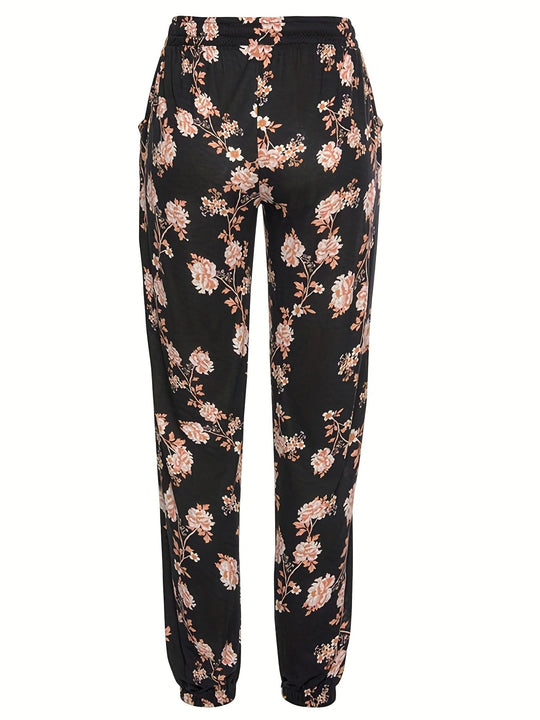 Damen florale Freizeithose mit elastischem Bund und seitlichen Taschen EB