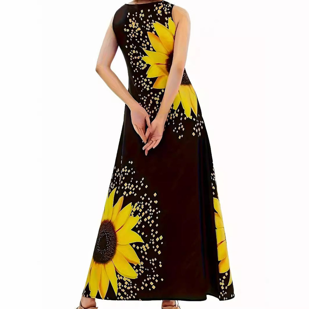 Damen Maxikleid mit buntem Sonnenblumenmotiv und praktischen Taschen EB