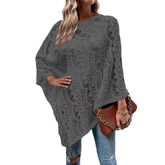 Damen eleganter Poncho mit dekorativem Häkelmuster EB