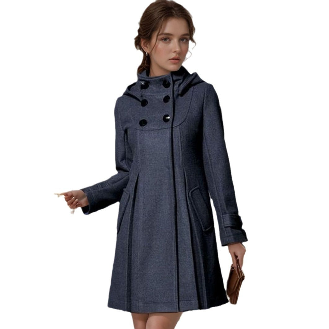 Damen eleganter Kapuzenmantel mit doppelter Knopfreihe und seitlichen Taschen EB
