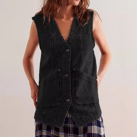 Damen Denim-Latzjacke mit praktischen Taschen und modischem V-Ausschnitt EB