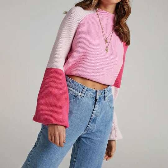Damen Strickpullover mit weitem Arm und innovativem Farbblockdesign EB