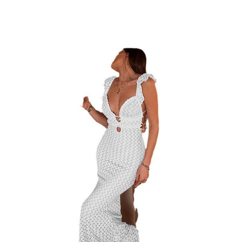 Damen Elegantes Maxikleid mit tiefem V-Ausschnitt und Rüschendetails EB