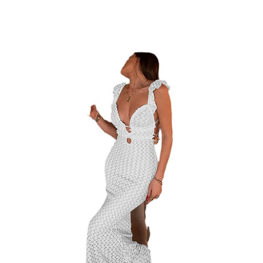 Damen Elegantes Maxikleid mit tiefem V-Ausschnitt und Rüschendetails EB