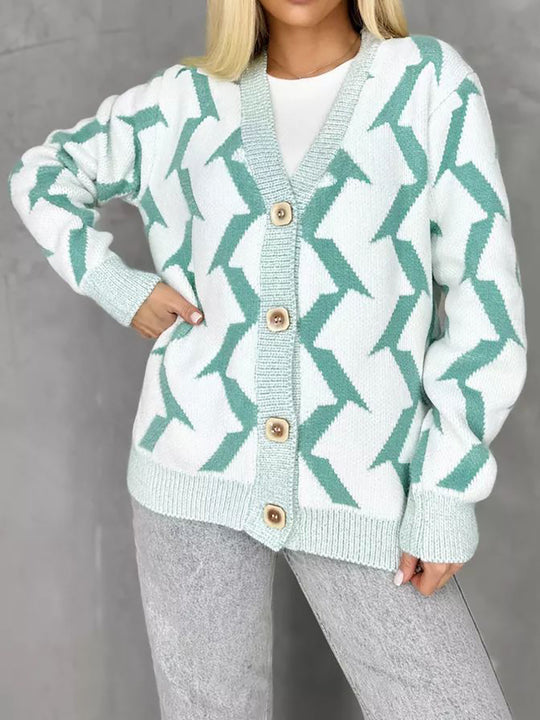 Damen gemütlicher Strickcardigan mit modernem Blitze-Design und Knopfverschluss EB