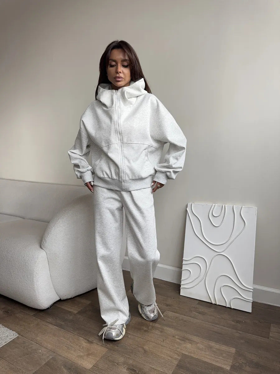 Damen Oversized Hoodie-Jacke mit hoher Stehkapuze und gerader Relax-Sweathose EB